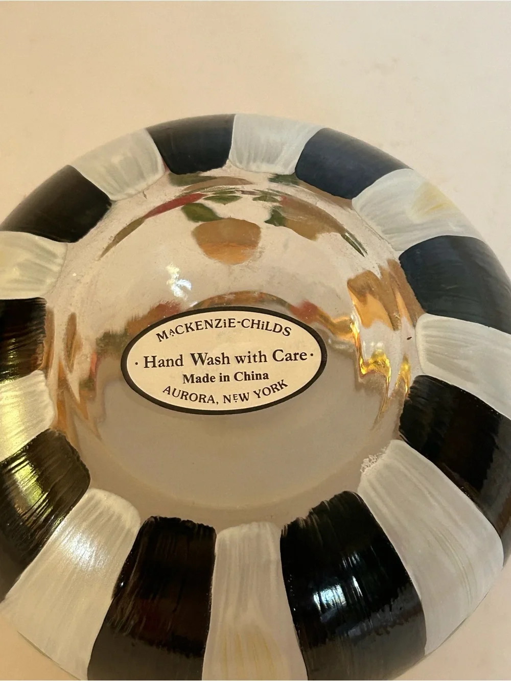 MacKenzie-Childs Heirloom Globe Rose Bowl Vase Hand Painted Courtly Stripes Gold